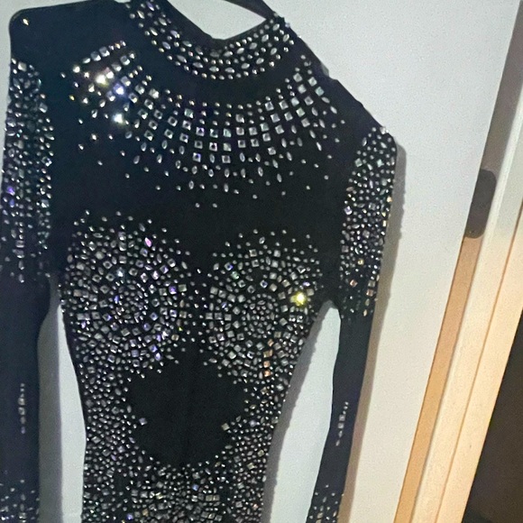 Black sheer embellished rhinestone jumpsuit /skinny leg - Picture 1 of 2